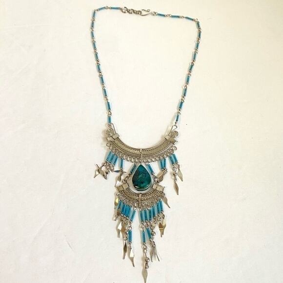 Vintage Boho Turquoise Beaded Necklace Layered Silver Fringe Peruvian 70s Hippie - Picture 10 of 12